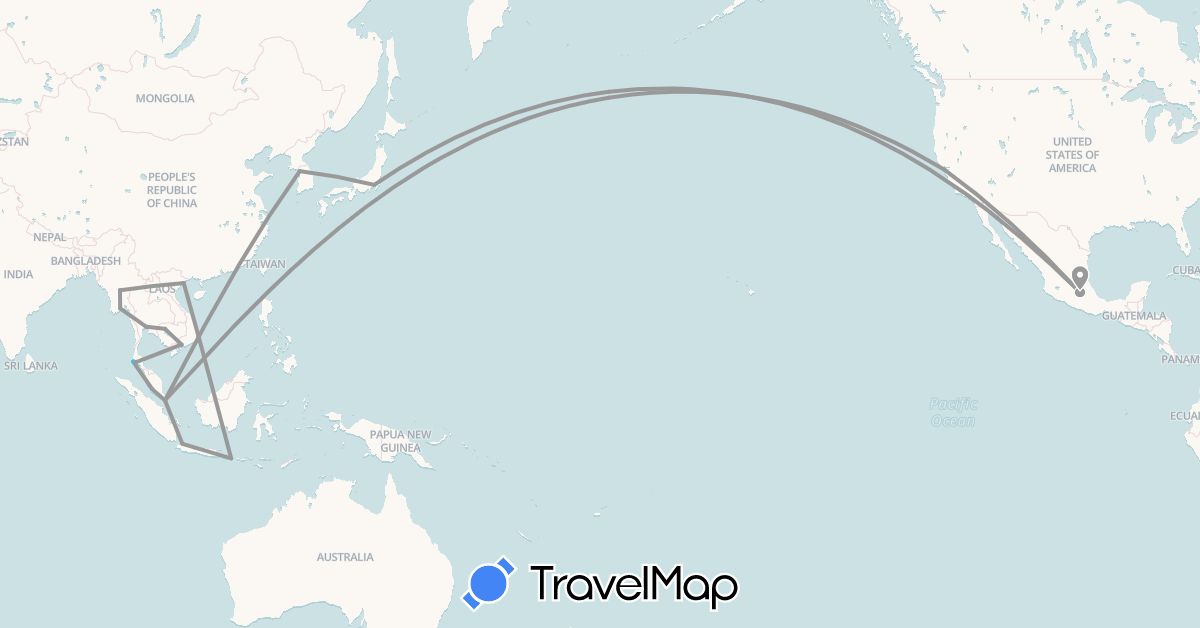 TravelMap itinerary: driving, plane, boat in Indonesia, Japan, Cambodia, South Korea, Myanmar (Burma), Mexico, Malaysia, Singapore, Thailand, United States, Vietnam (Asia, North America)